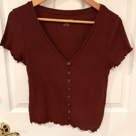 American Eagle Ribbed Button-Front Lettuce Hem Top – Rust Brown Size M Y2K 90's - Picture 1 of 9